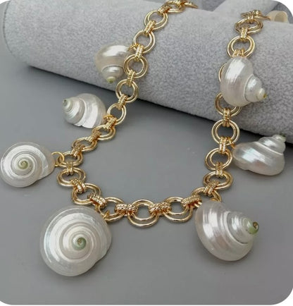 Stylish White Sea Shell Charms Gold Chain Necklace