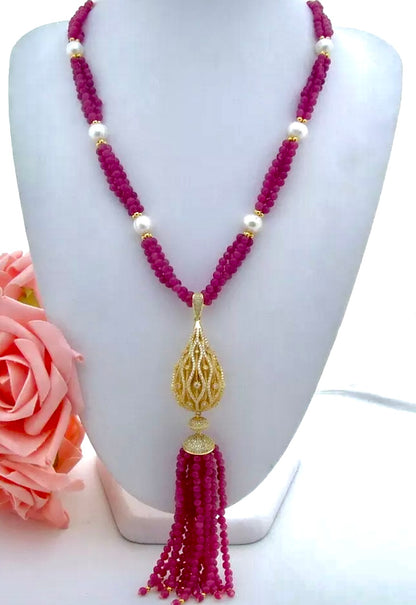 Bright Pink Jade and Pearl Gold Pendant Necklace 34”