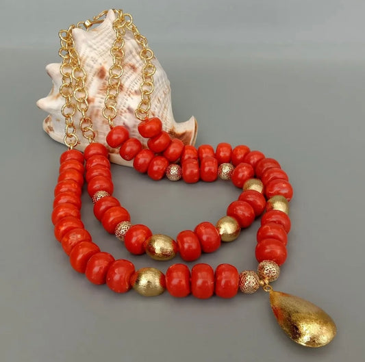 Orange Coral Gold Vermeil Pendant Statement Necklace 25"
