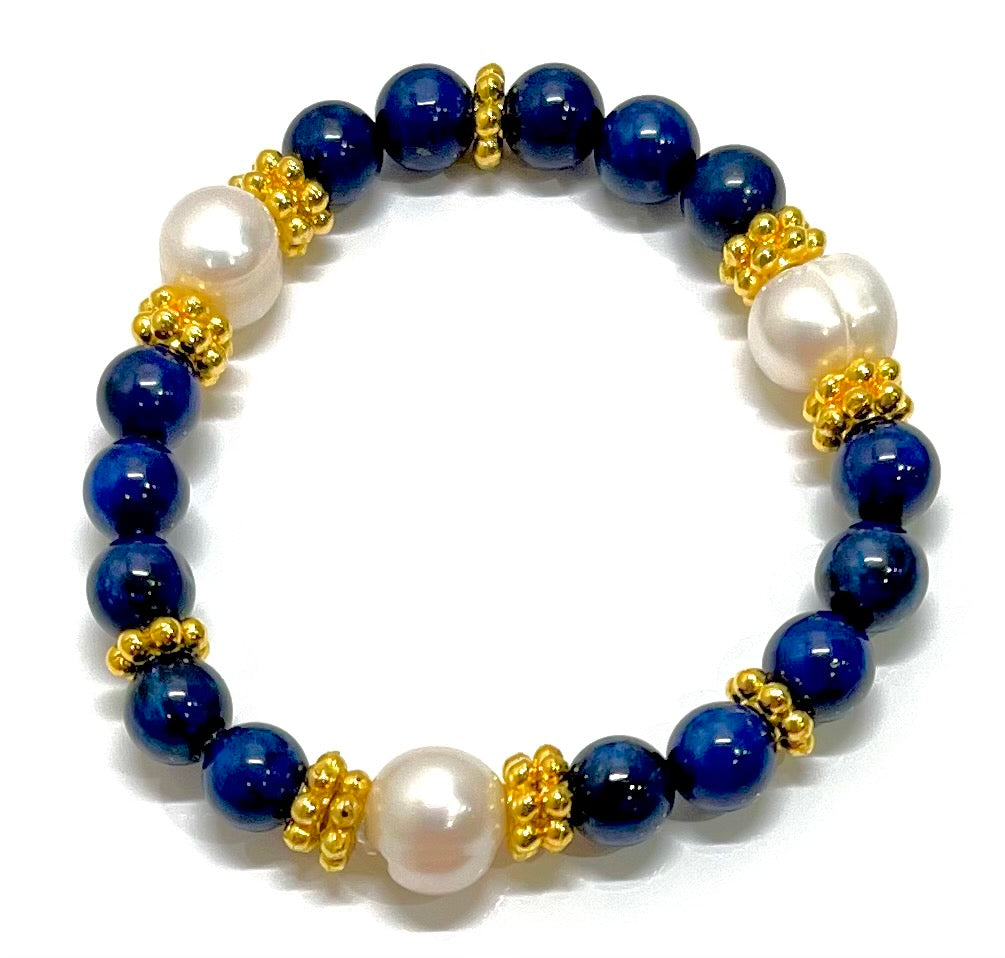 Lapis Lazuli Gemstone & Baroque Freshwater Pearls Gold Bracelet
