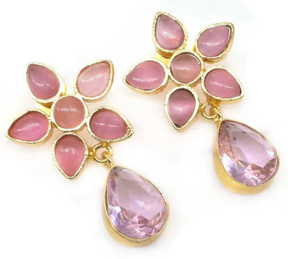 Multi-Colored Gemstones Flower Stud/Dangle Earrings 1.5”