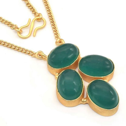Gold Vermeil and Green Onyx Gemstone Pendant Necklace 18"