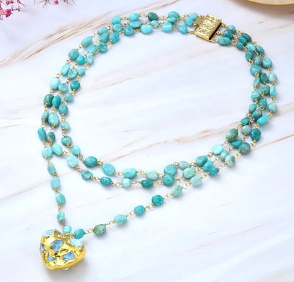 Triple-Strand Blue Larimar Gemstone Heart Pendant Necklace