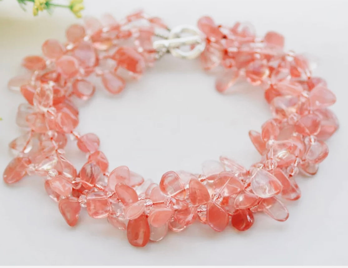 Pink Watermelon Quartz Gemstone Triple-Strand Statement Necklace 18”