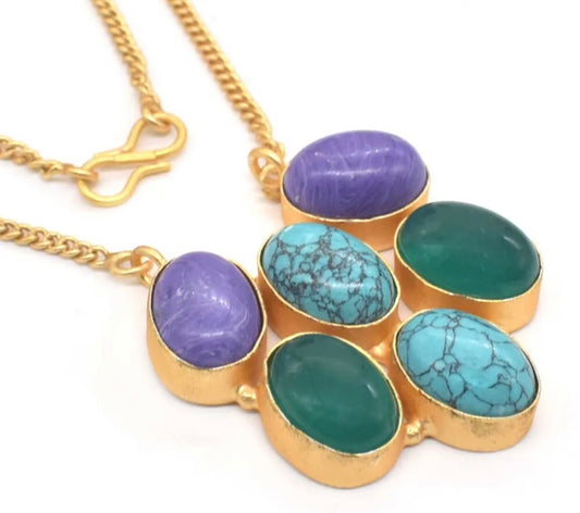 Multi-Gemstone Onyx, Charoite and Turquoise Gemstone Pendant Chain Necklace 18"