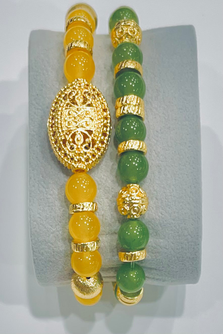 Green Jade and Yellow Onyx Gold Bracelet Stack