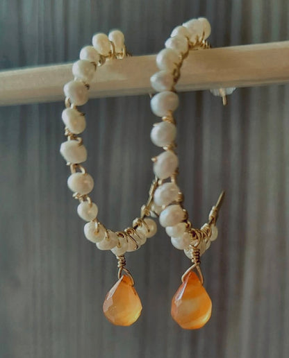 Lightweight Freshwater Pearls & Orange Carnelian Gemstone Gold Hoops