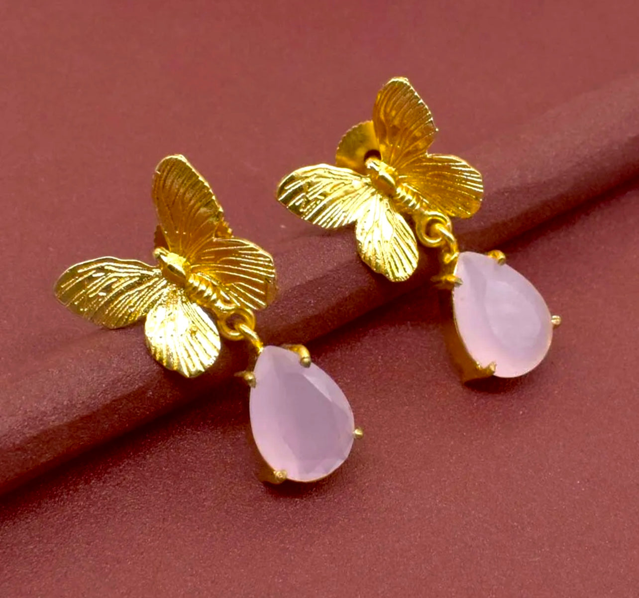 Light Pink Rose Quartz Butterfly Earrings 1.25"