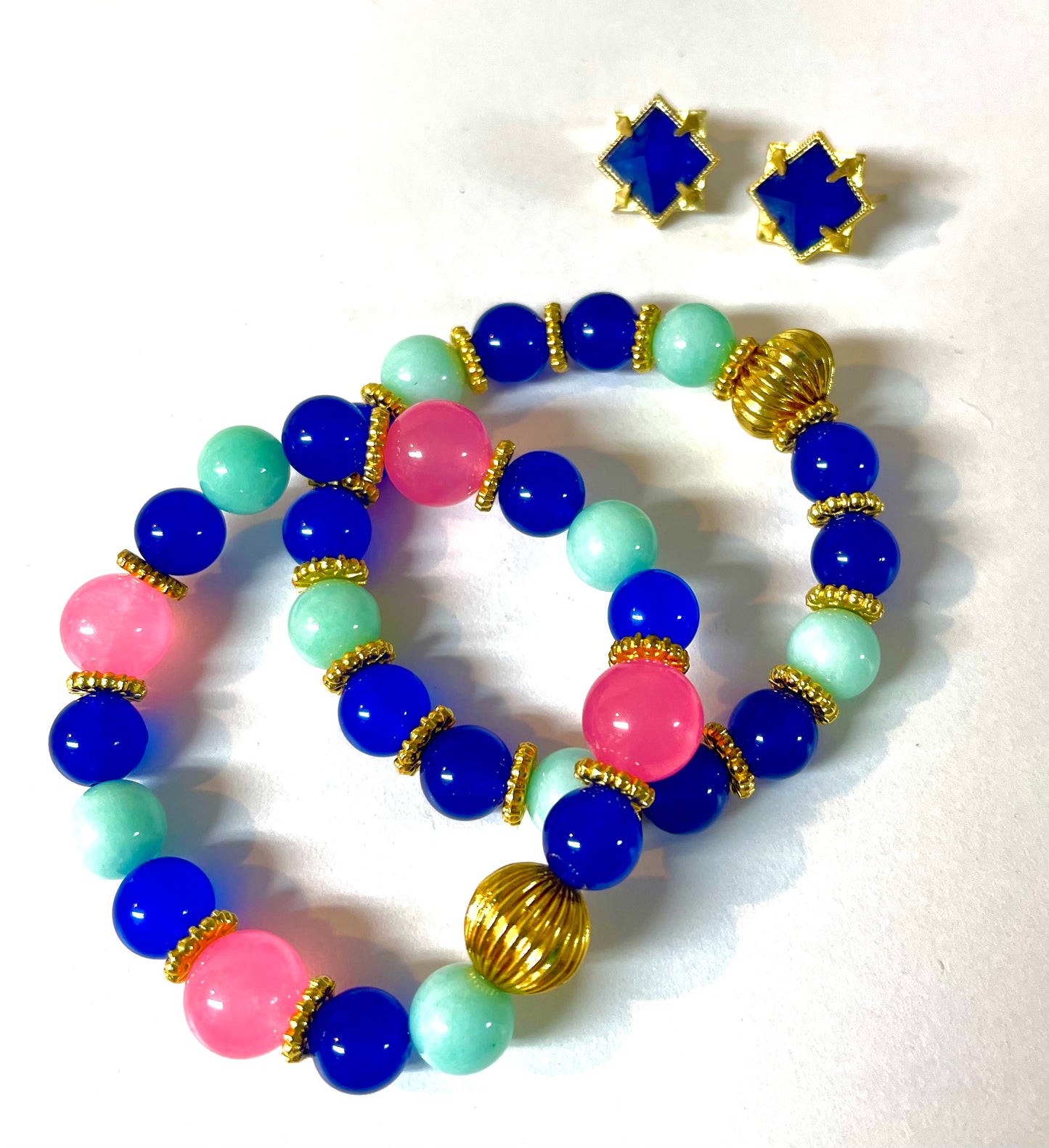 Pink Quartz, Blue Chalcedony, Amazonite Gemstone Bracelets and Earrings Set