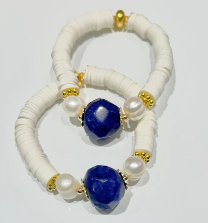 Earth-Mined Blue Sapphire & Freshwater Pearls White Heishi Bracelet