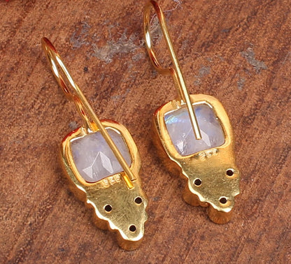 Blue Rainbow and White Moonstone Gemstone Gold Dangle Earrings 1.0"
