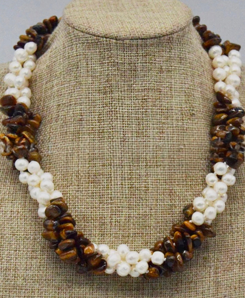 Tiger’s Eye and Freshwater Pearls Gemstone Triple-Strand Statement Necklace