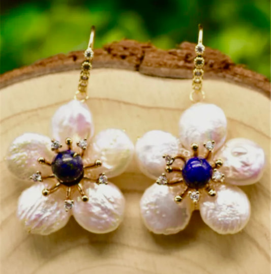 Lapis Lazuli and Pearl Dangle Statement Dangle Earrings 3"