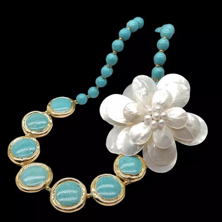 Coastal Turquoise and Pearl Pendant Necklace/Earrings Set 20”