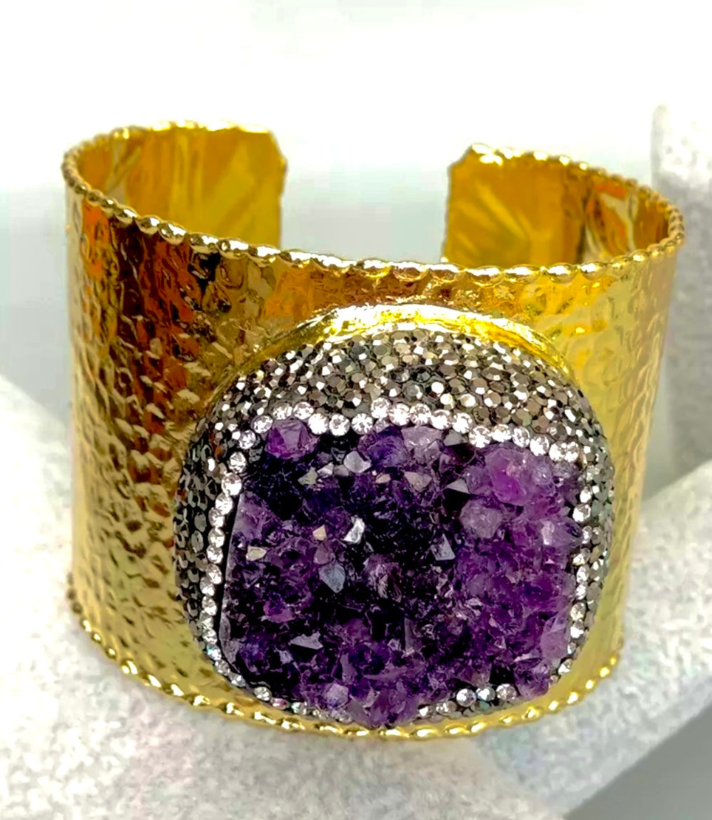 Natural Purple Amethyst Druzy Adjustable Statement Cuff Bracelet