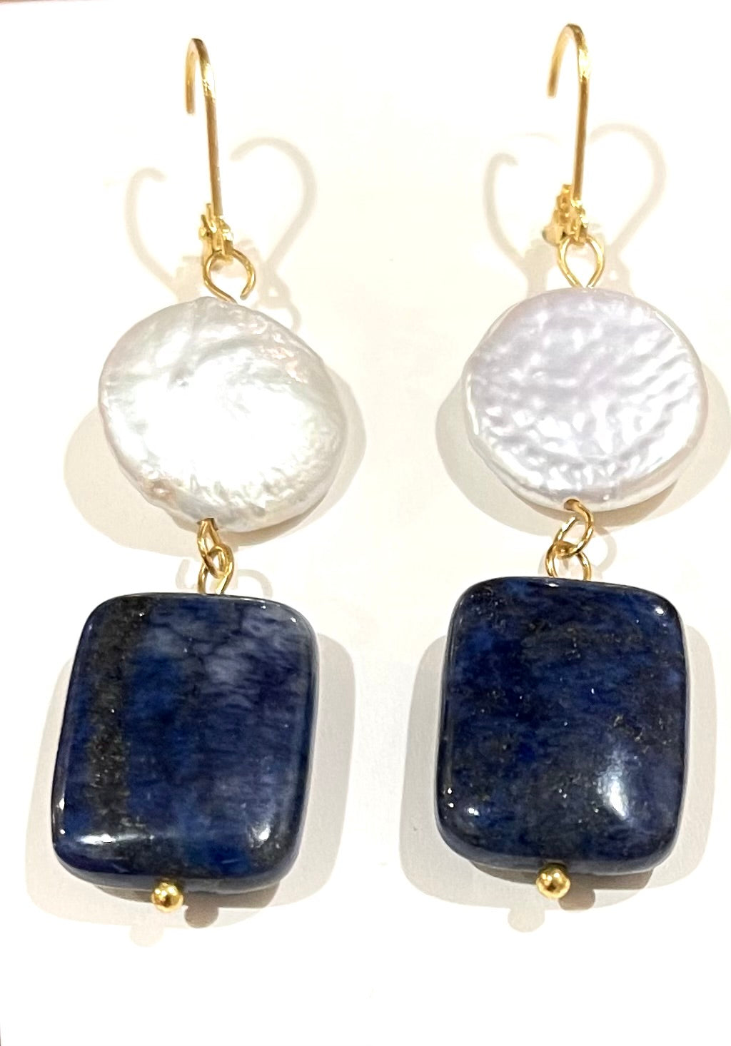 Lapis Lazuli and Coin Pearl Gemstone Dangle Earrings 2"