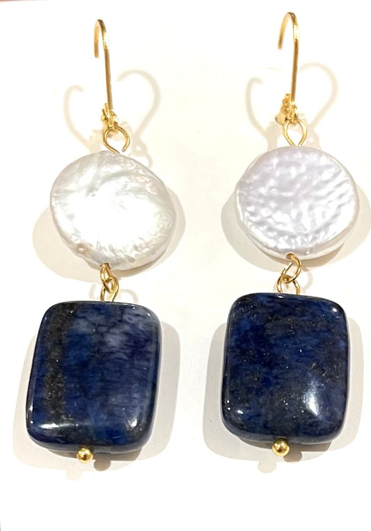 Lapis Lazuli and Coin Pearl Gemstone Dangle Earrings 2