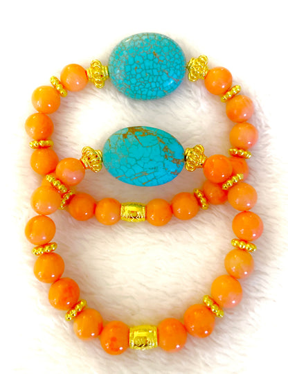 Coastal Coral and Turquoise Gemstone Beaded Bracelet