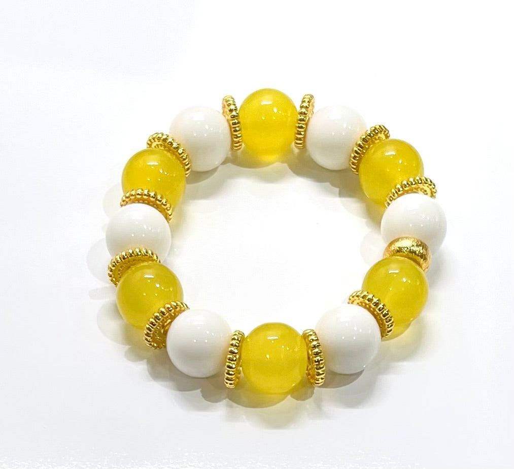 White Alabaster & Lemon Quartz Gemstone Beaded Bracelet