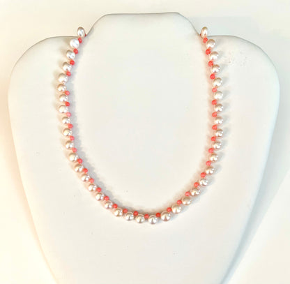 Dainty Pink Coral and White Button Pearl Necklace 17"