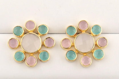 Pink, Aqua and White Chalcedony Gemstone Earrings 1”