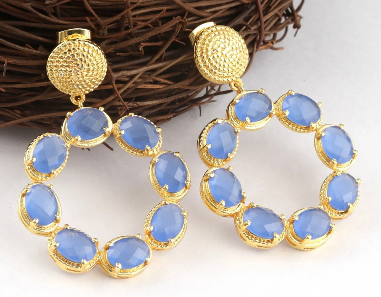 Blue Chalcedony Gemstone Gold Twisted Statement Earrings 2”