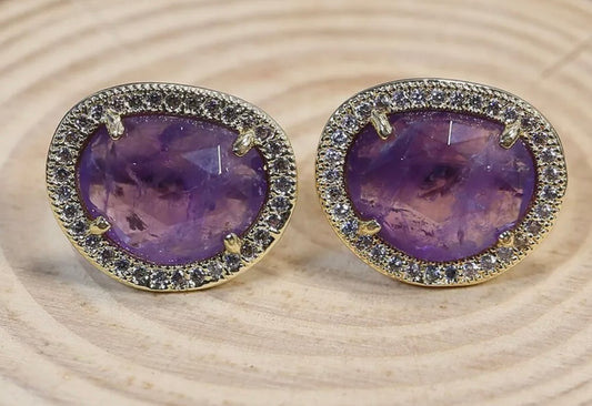 Elegant Faceted Purple Amethyst Bezel Set Pave Stud Earrings