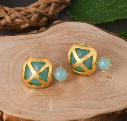 Criss Cross Aqua Chalcedony Gemstone Gold Stud Earrings 1”