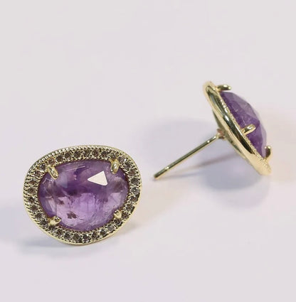 Elegant Faceted Purple Amethyst Bezel Set Pave Stud Earrings