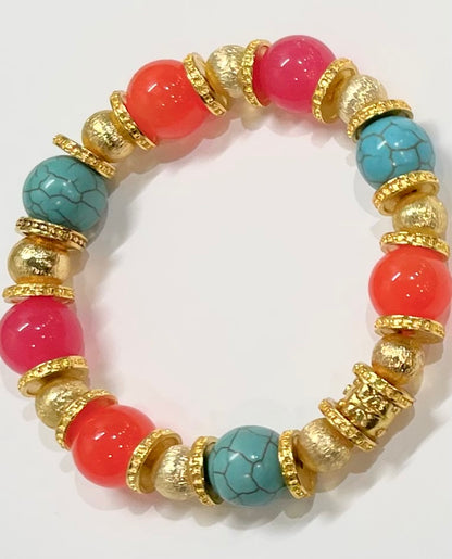 Pink, Orange Quartz and Turquoise Gold Beaded Bracelet
