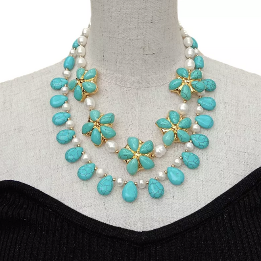 Resort-Ready Turquoise and Pearl 22k Gold Statement Necklace