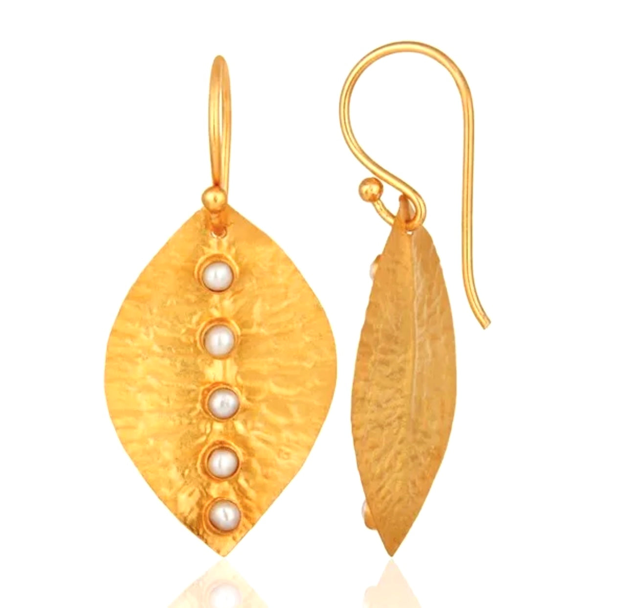 Petite 24k Gold Vermeil Pearl Leaf Earrings 1”