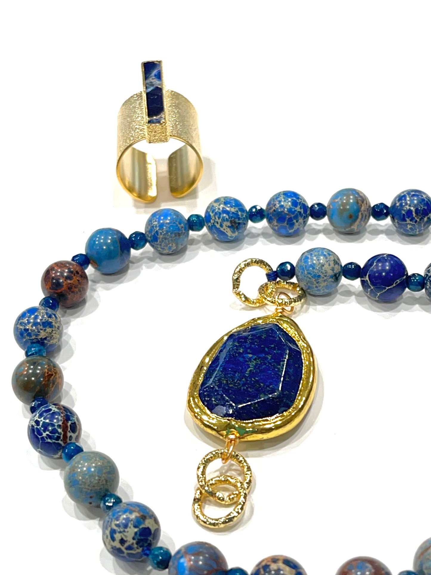 Lapis Lazuli and Blue Jasper Gemstone Statement Necklace and Ring Set