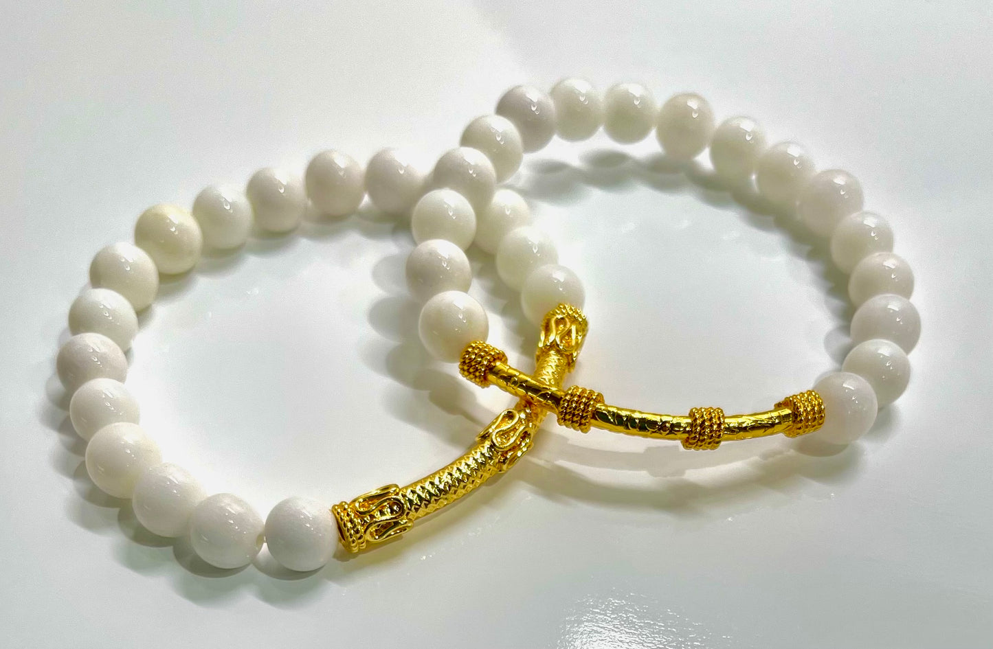 Gold “Bali” Tube and White Alabaster Gemstone Beaded Bracelet
