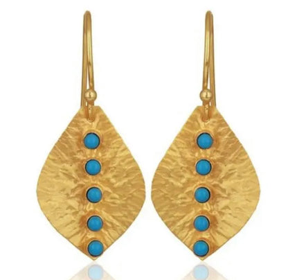 Hammered Gold Turquoise Leaf Earrings 1.0”