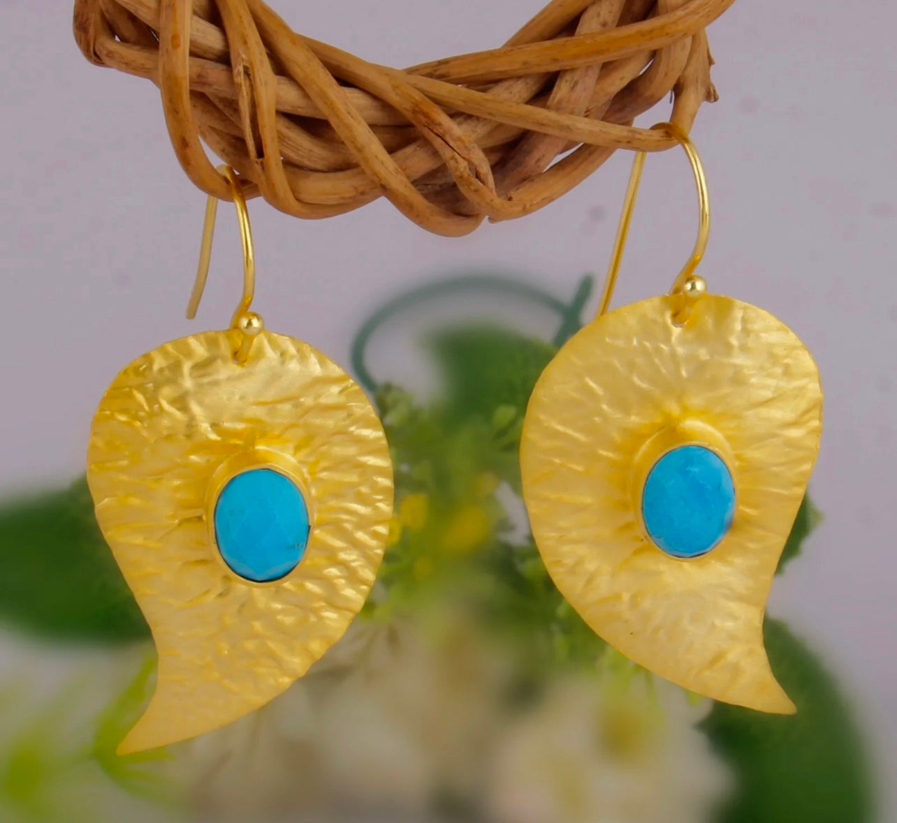 Leaf-Shaped 22k Gold Vermeil Turquoise Dangle Earrings 1.5"
