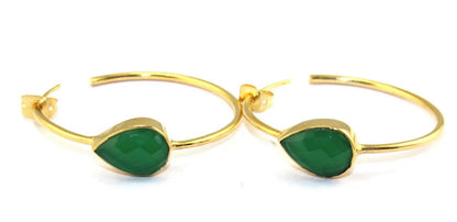 Pear-Shaped Green Onyx Gemstone Hoop Earrings 2.25”