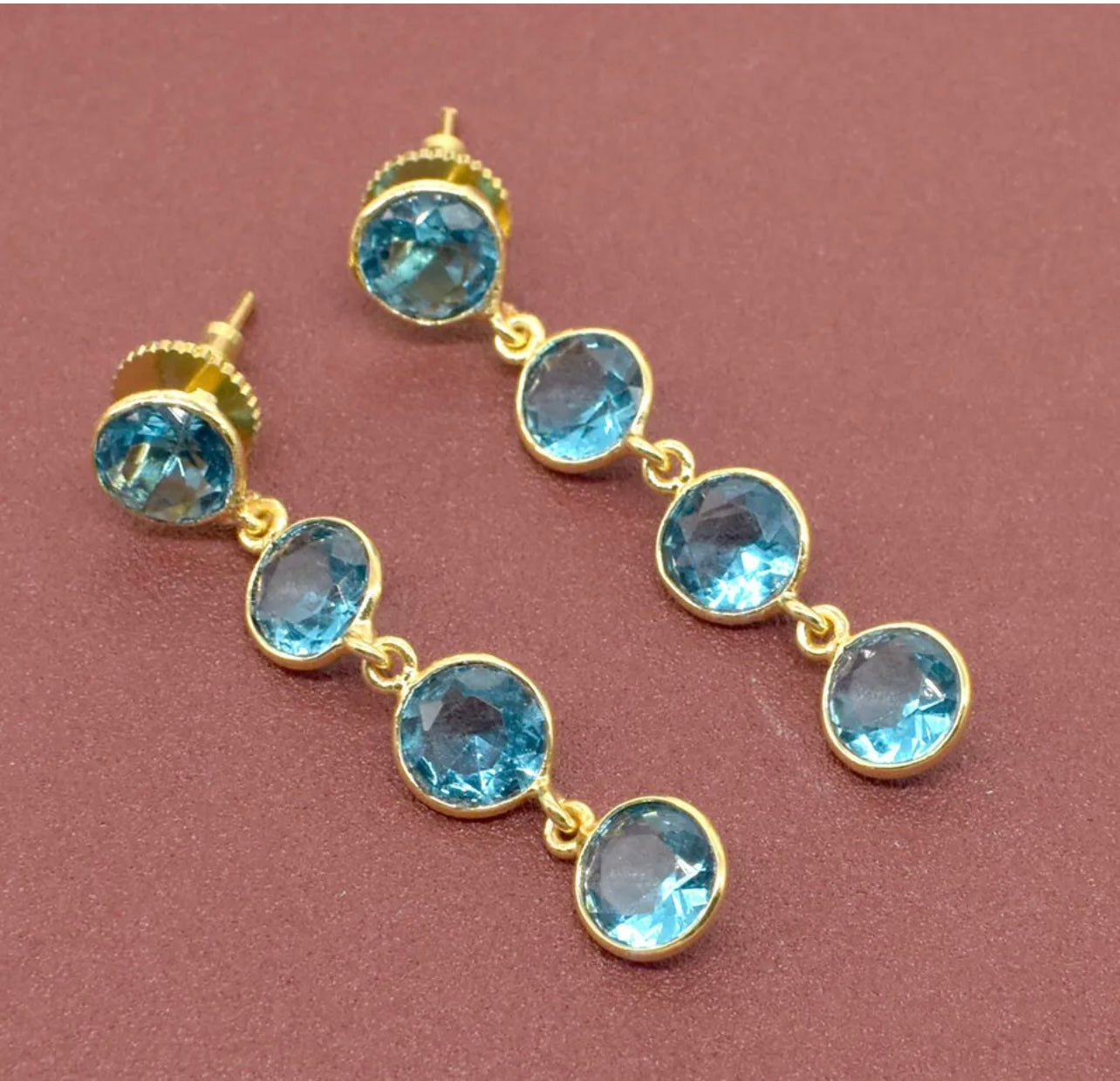 Swiss Blue Quartz Gemstone Drop/Dangle Earrings 2”