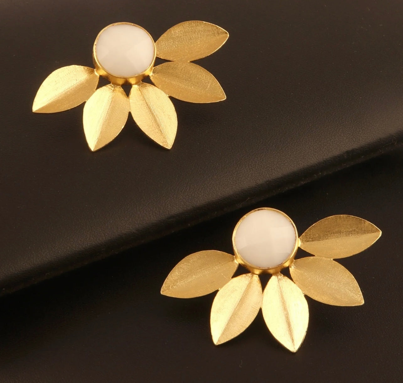 Leaf Design 18k Brushed Gold Vermeil Chalcedony Gemstone Studs 1.5”