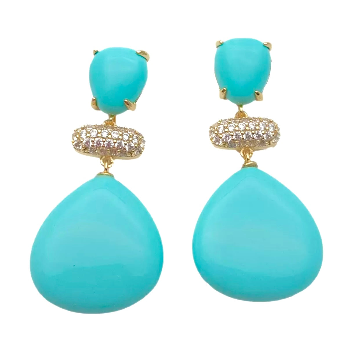 Lovely Turquoise & Gold Pave Dangles Earrings 1.7”
