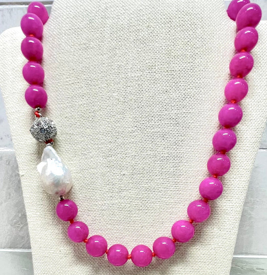 Vivid Pink Sugilite and Baroque Pearl Gemstone Statement Necklace 18"