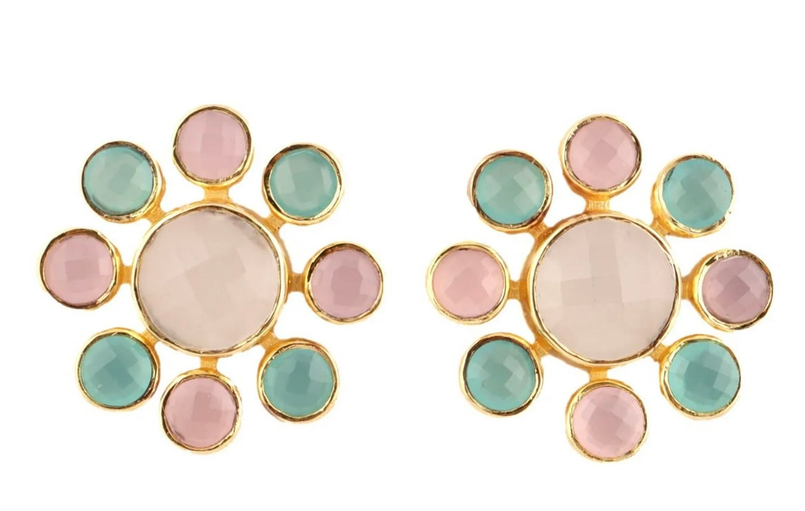 Pink, Aqua and White Chalcedony Gemstone Earrings 1”