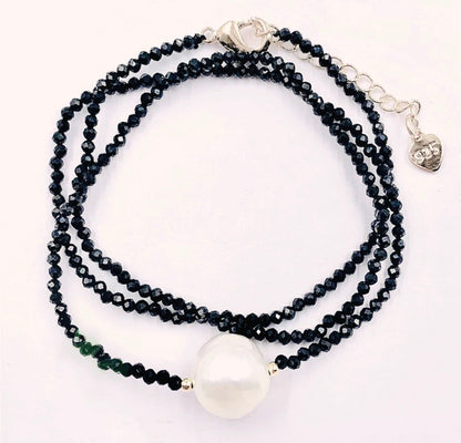 Dainty Black Spinel Gemstone Necklace with Grey Pearl Drop 18"