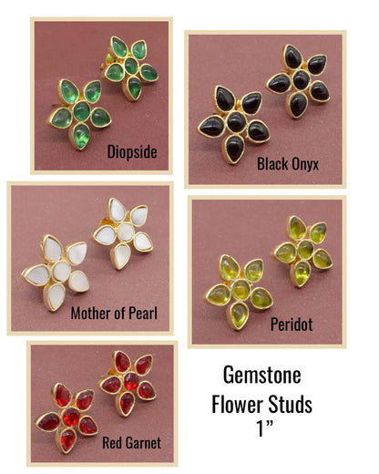 Multi-Gemstone Flower Gold Stud Earrings 1”