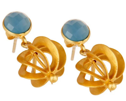 Gold Vermeil Blue Chalcedony Filigree Dangle Earrings 1.18”