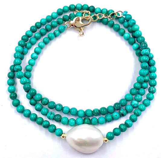 Dainty Turquoise Necklace with Freshwater Pearl Drop 18"