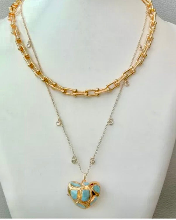 Chic 18k Gold-Filled Double Chain Necklace with Larimar Heart Pendant
