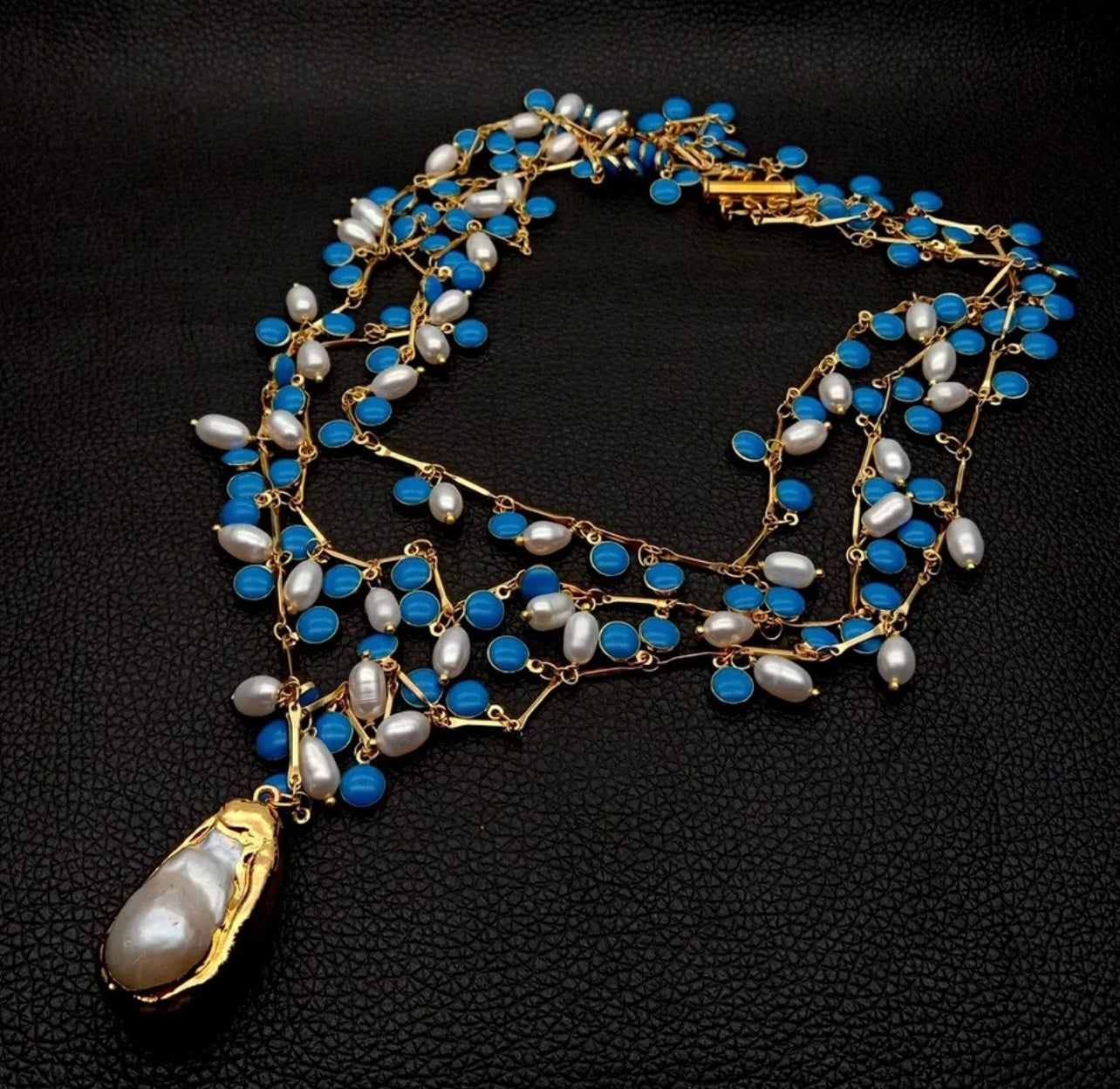 Feminine Blue Enamel & Freshwater Baroque Pearl Pendant Gold Statement Necklace