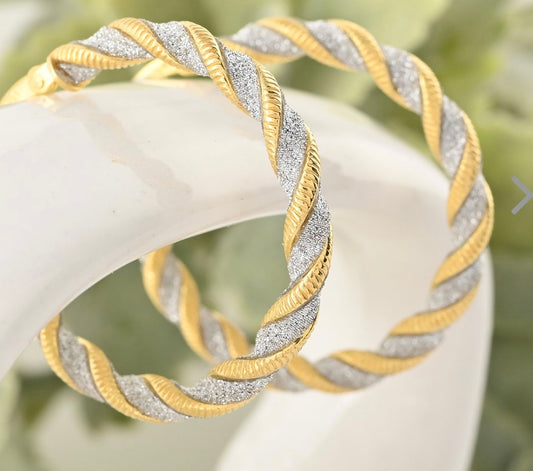 Two-Tone Twisted Sterling Silver & 14K GP Stardust Hoops 1.14”
