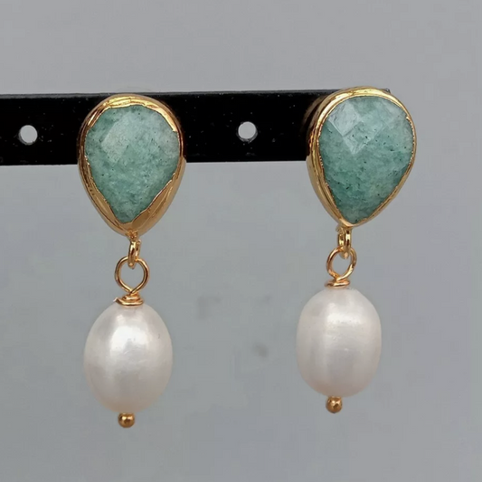 Pretty White Rice Pearl & Amazonite Gemstone Stud Dangle Earrings 1.5”